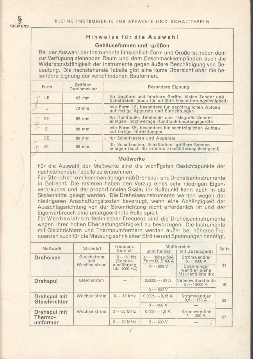 KLEINE INSTRUMENTE FÜR APPARATE UND SCHALTTAFELN Hinweise für die Auswahl Gehäuseformen und -großen Bei der Auswahl der Instrumente hinsichtlich Form und Größe ist neben dem zur Verfügung stehenden