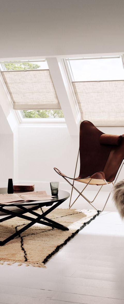 VELUX Raffrollos Produktvorteile Stimmungsvolle Lichtregulierung oder Abdunkelung (abhängig vom Stoff) Elegante Deko-Akzente Flexibel überall am Fenster positionierbar Einfache Reinigung durch