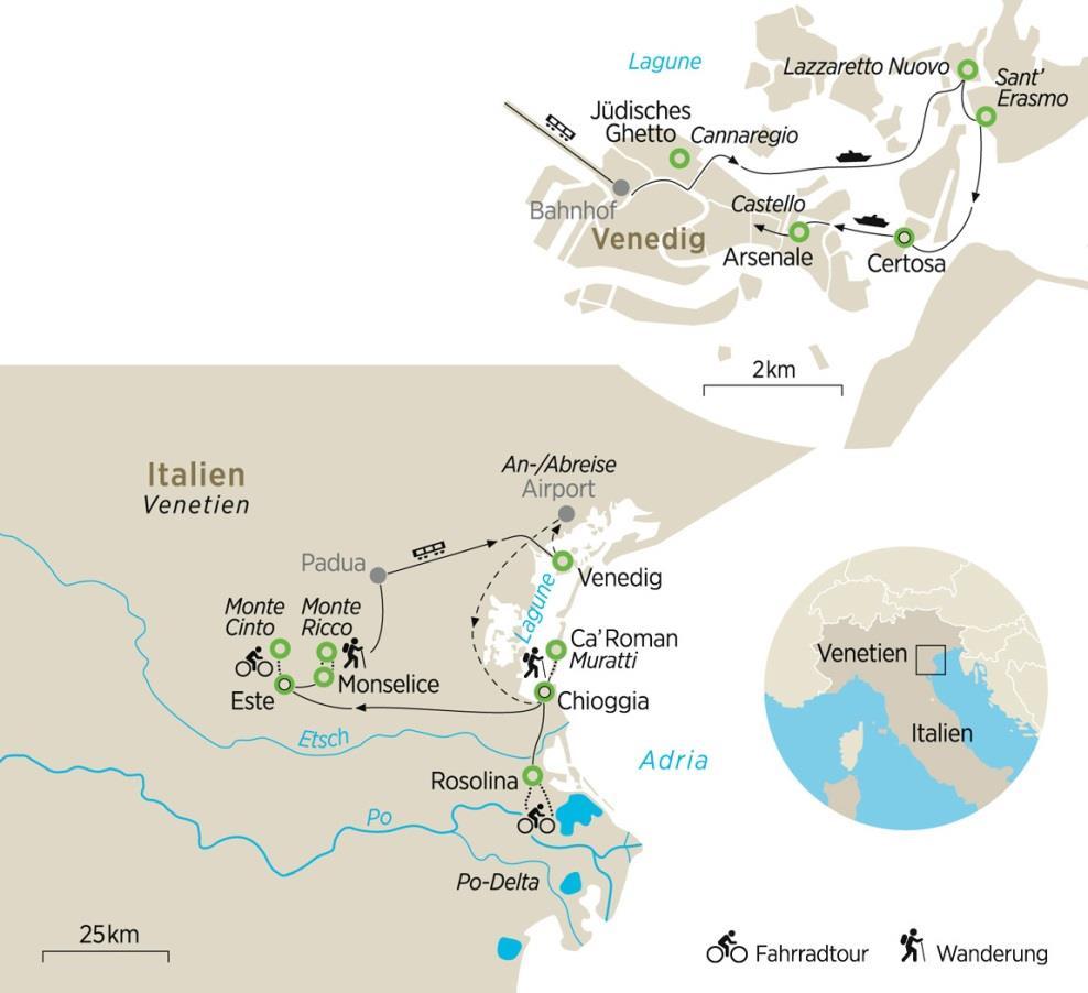 Höhepunkte der Reise Radtour im Po-Delta Wandern im Naturpark der Euganeischen Hügel Lagunenbootstour mit Besichtigung der Inseln Sant Erasmo und Lazzaretto Nuovo Ausflug nach Pellestrina Ihre
