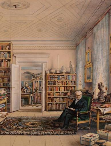 BUCHAUSSTELLUNG UNIVERSITÄTS- BIBLIOTHEK, BIBLIOTHEK MÜNSTERGASSE Eduard Hildebrandt, Alexander von Humboldt in seiner Bibliothek (1856, Ausschnitt) Alexander von Humboldts Werke sind in ihren