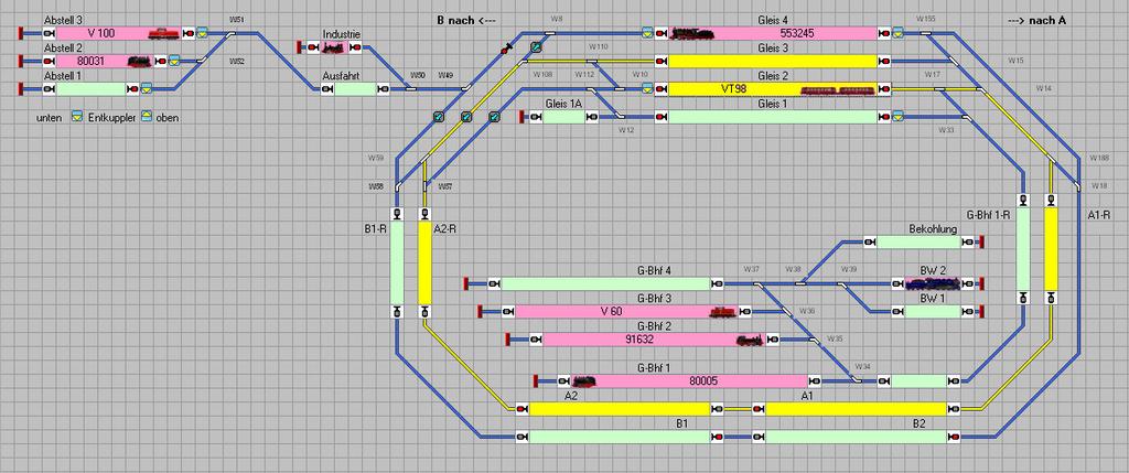 Es sind also mindestens zwei Zugfahrten zu programmieren, die jeweils die andere Zugfahrt als Nachfolger haben: a) Zugfahrt von Gleis 2 nach Gleis 3 b) Zugfahrt von Gleis 3 nach Gleis 2 Die