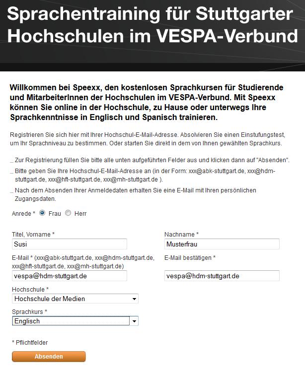 Anmeldung in die Sprachlernsoftware Portal zur Selbstregistrierung: http://www.speexx.