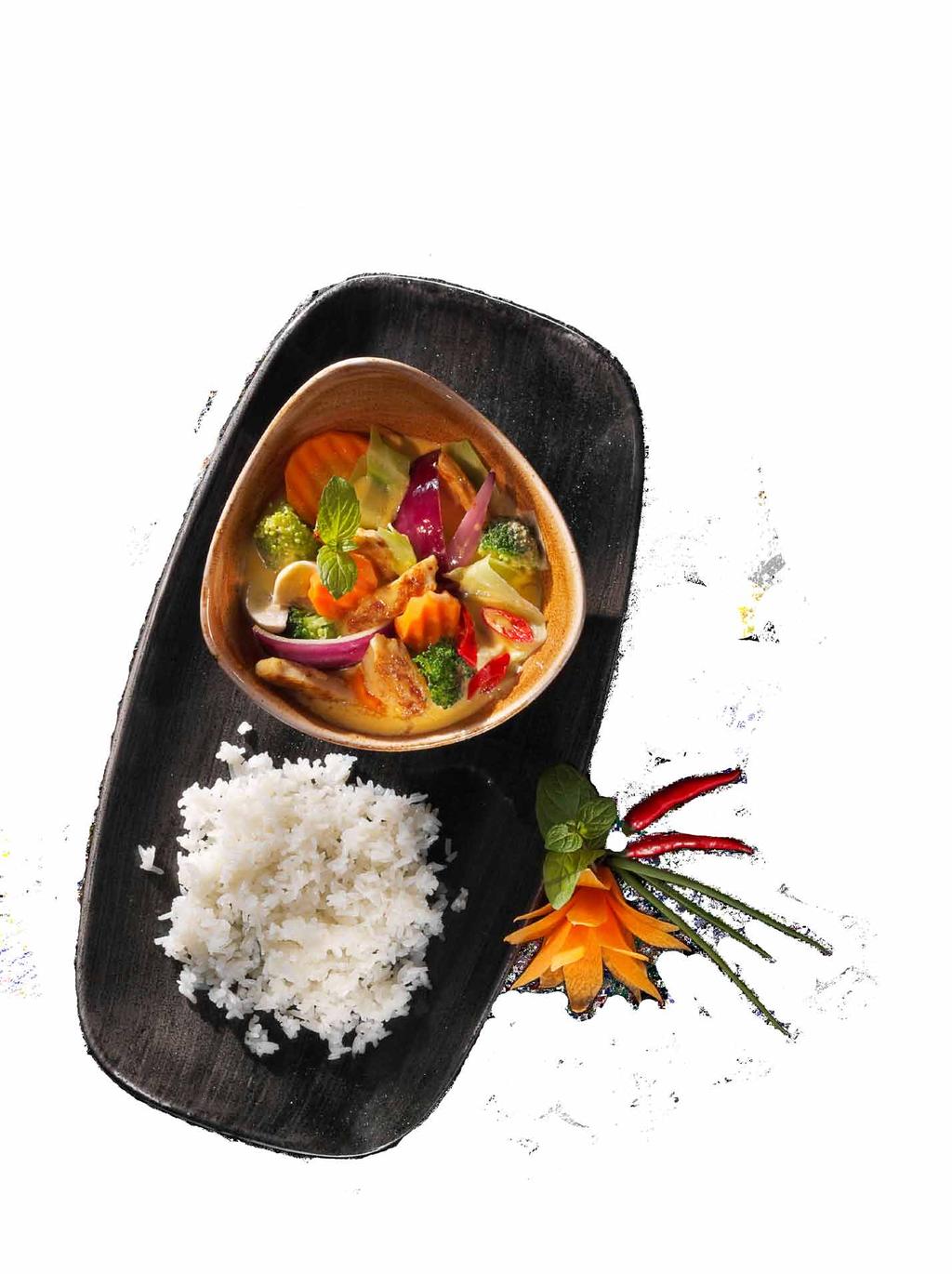 Thai-Currys Rotes Thai-Curry Der Klassiker aus rotem Thaicurry mit cremiger Kokosmilch, Hähnchenbrustfilet, fruchtiger Ananas, Bambusscheiben und