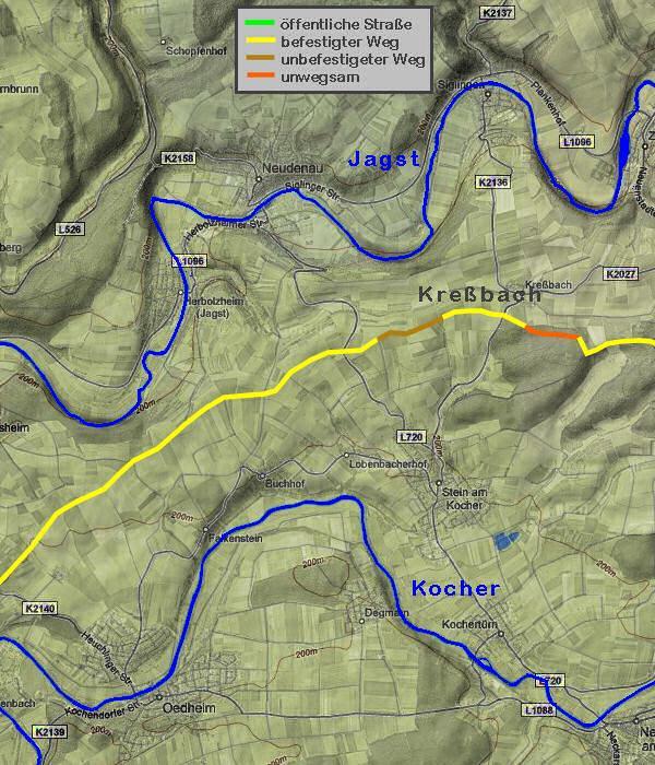 Karte 2: Hohe Straße von Untergrießheim bis Kreßbach Bei dem gelb markierten Verlauf der Hohen Straße handelt es sich hier um befestigte Feldwege unterschiedlicher Ausführung, auch für entsprechende