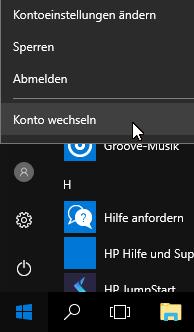 Unten links das Windows Symbol Im Startmenu den Benutzernamen und Konto wechseln Unten links das Windows Symbol Im Startmenu