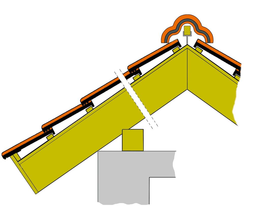 PILATUS Dachquerschnitt Traufe mit tiefhängender Rinne, First mit Trockenfirst eement. (Andere Konstruktionen sind entsprechend den Fachregen des Dachdeckerhandwerks mögich.