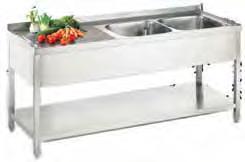 BL 930,00 Sink unit made of CNS 2 basins left (500 x 400 x 250 mm), with drain area right, with shelf and upstand, including standpipe valve 1 ½ 1800 x 600 x 850 mm Spültisch aus CNS 2 Becken