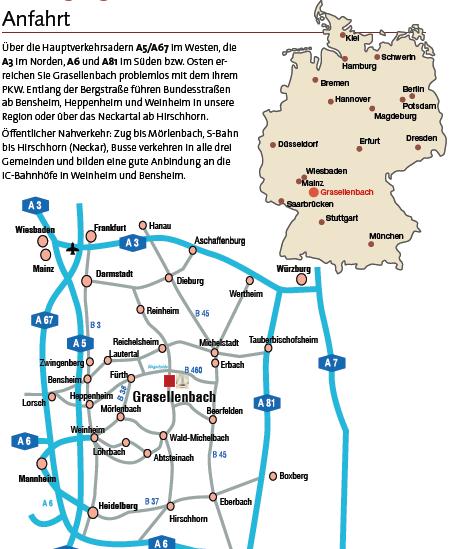Anfahrt Bouleanlage Siegfriedring 60, 64689 Grasellenbach (Wahlen) Über die Hauptverkehrsadern A5/A67 im Westen, die A3 im Norden, A6 und A81 im Süden bzw.