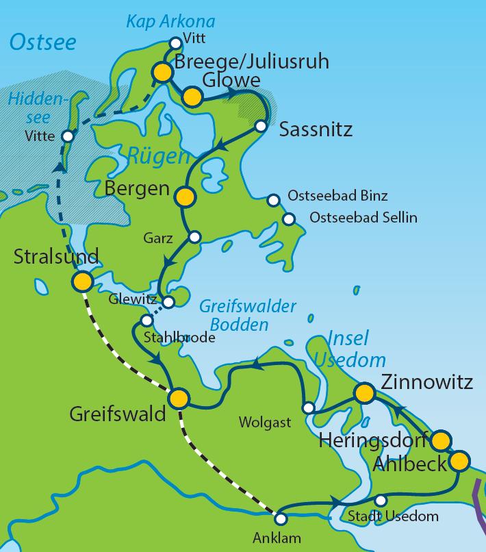 Tourenverlauf 1. Tag: Anreise nach Stralsund in eigener Regie. Die alte Hansestadt ist das Tor zur Insel Rügen.