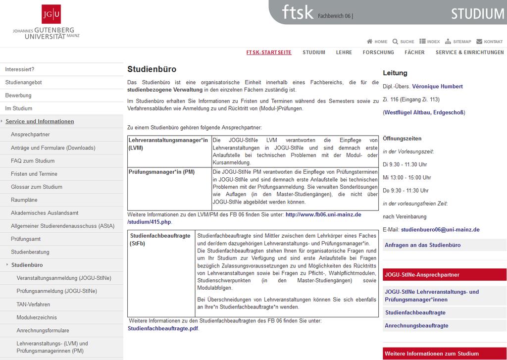 IV Ansprechpartner und Informationsquellen Website des Studienbüros (https://studium.fb06.uni-mainz.