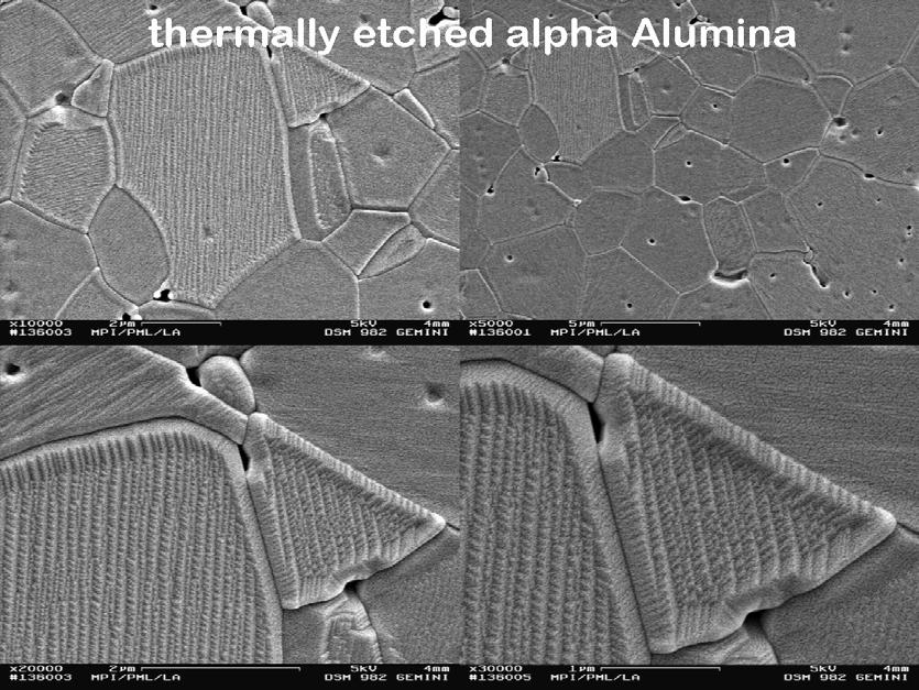 Thermisch geätztes Alpha - Aluminiumoxid 2 2 1 1 3 4 Thermisch geätztes Al Al 2 O 2 3 3 bei bei verschiedenen Vergrößerungen: 1) 1) 5 000 000 X 2) 2)