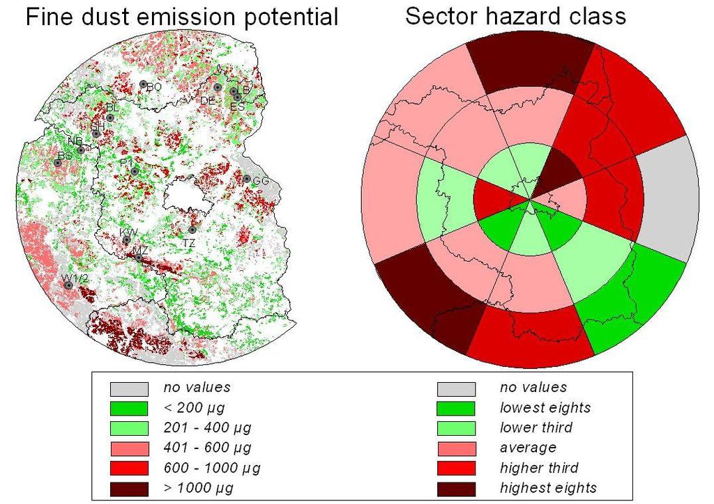 Abbildung 10.6: Gefährdungspotenzial zur PM10-Freisetzung (je Flächeneinheit) im Staubeinzugsgebiet für Berlin. Grün = Geringe Gefährdung, Rot= hohe Gefährdung (aus Hoffmann et al.