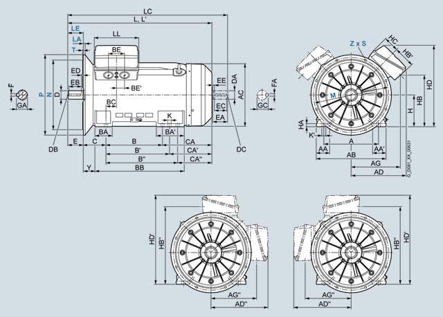 Maße Standardmotoren SIMOTICS SD 1LE5 Graugussreihen eigengekühlt- IE3, IE4 Baugrößen 315 L bis 355 L Maßzeichnungen (Fortsetzung) Bauform IM B35 Flanschbemaßung siehe Seite 1/34 (Z = Anzahl der