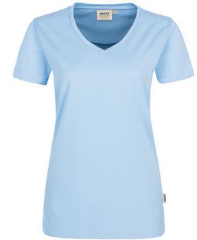 Pos. 30 HA181 Damen T-Shirt: besonders strapazierfähiges T-Shirt für Damen, mit femininem V-Ausschnitt, geripptem Halsbündchen und Nackenband, hergestellt aus weichem, besonders pflegeleichtem und