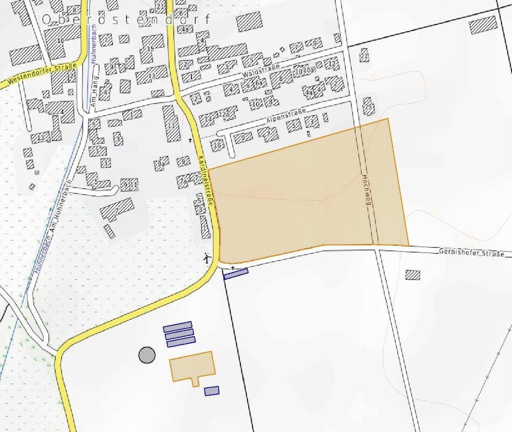3 Untersuchungsgebiet Die möglichen Wohngebietsflächen befinden sich am südlichen Ortsrand von Oberostendorf, angrenzend an bereits bestehende Bebauung und östlich der Staatsstraße St 2035.