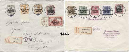 138 B R I E F M A R K E N Postgebiet Ober-Ost Deutsche Besatzungsausgaben 1914/1918 1446 Zwei Einschreibbriefe, u.a. mit Mi. - Nr.