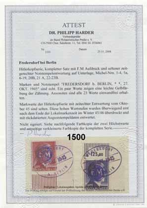 .. aus 1 bis 18 20,- 1500 Hitlerkopfserie Fotoattest (25.11.2008) Dr. Harder BPP: ".. kompletter Satz mit F.