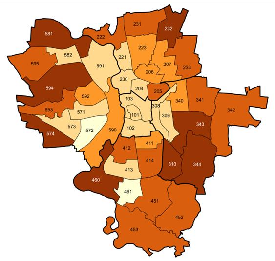 Unter 50% beträgt der Anteil auch im Stadtteil Heide-Nord/Blumenau, der Westlichen Neustadt, der Nördlichen Innenstadt, Kröllwitz, der Nördlichen Neustadt, der Altstadt sowie der
