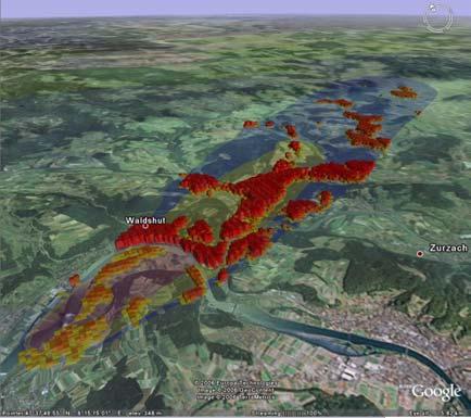 Visualisierung von Informationen 3D Darstellung in Google Earth zeigt Überlagerung der Kontaminierungsstufen und Bevölkerungsdichte II. Forschungsbedarf FTS Emergency 1.