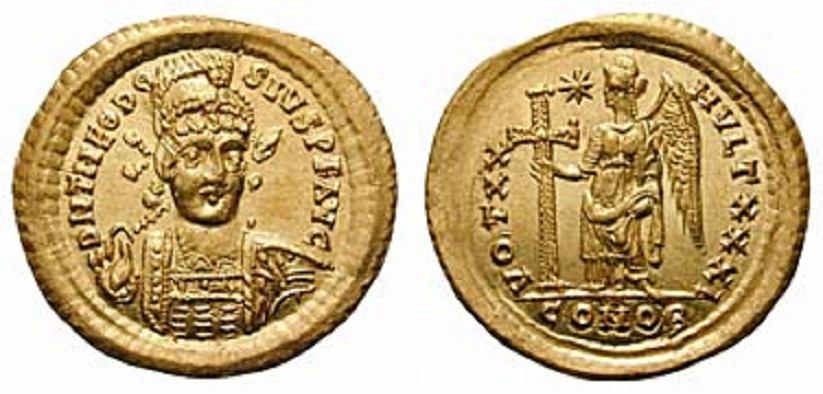 : 411 AV Solidus 4,47g Constantinopolis 208 223 Av: DN THEODOSIVS P F AVG, Frontalbüste mit perlendiademiertem Helm, Küraß, Lanze und Schild mit Reiterdarstellung.
