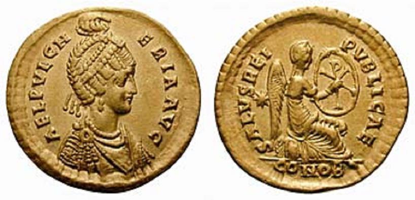 Lot number: 424 Price realized: 4,600 CHF AELIA PVLCHERIA No.: 424 Rufpreis-Opening bid: CHF 4500,- Schwester des Theodosius II.