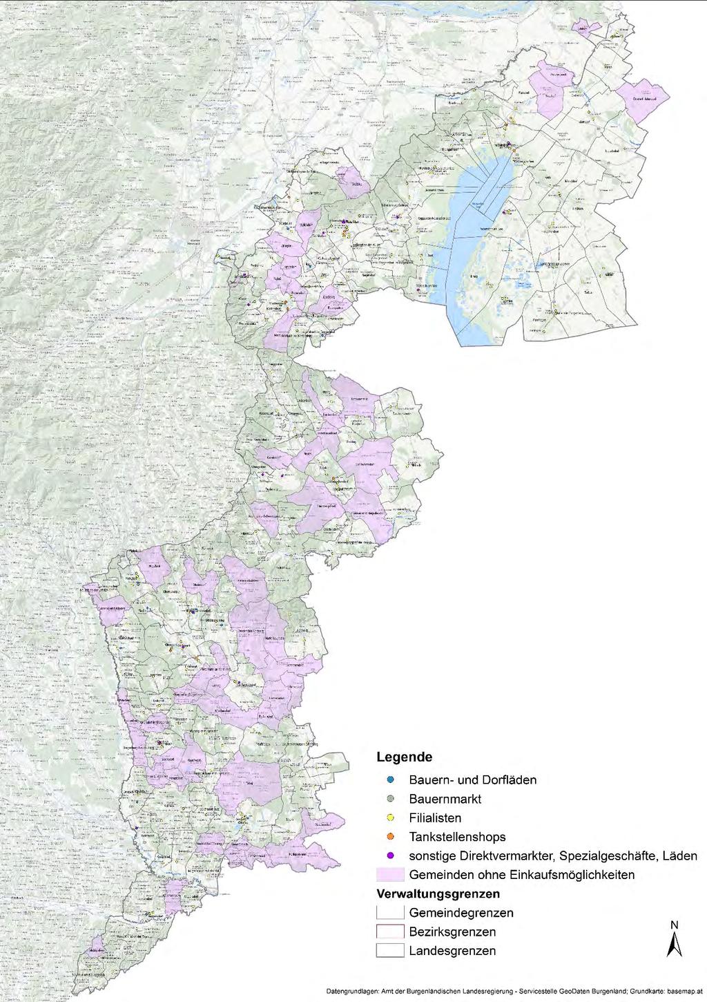 3.4 Karten zur räumlichen Verteilung der Lebensmittelgeschäfte im Burgenland Abbildung 21: Karte zu den burgenländischen Gemeinden, die über kein