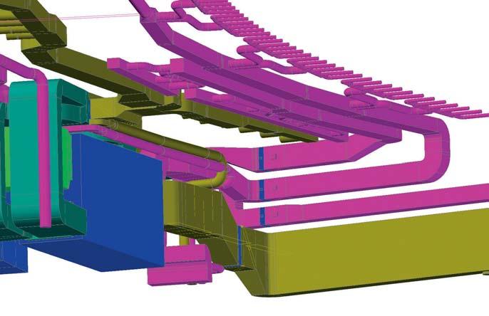 Die Zuluft wird über Bodengitter entlang der Glasfassade eingeblasen. Die Abluft der Schwimmhalle wird überwiegend über zwei Absaugbänder entlang Unterzügen an der Decke abgesaugt.