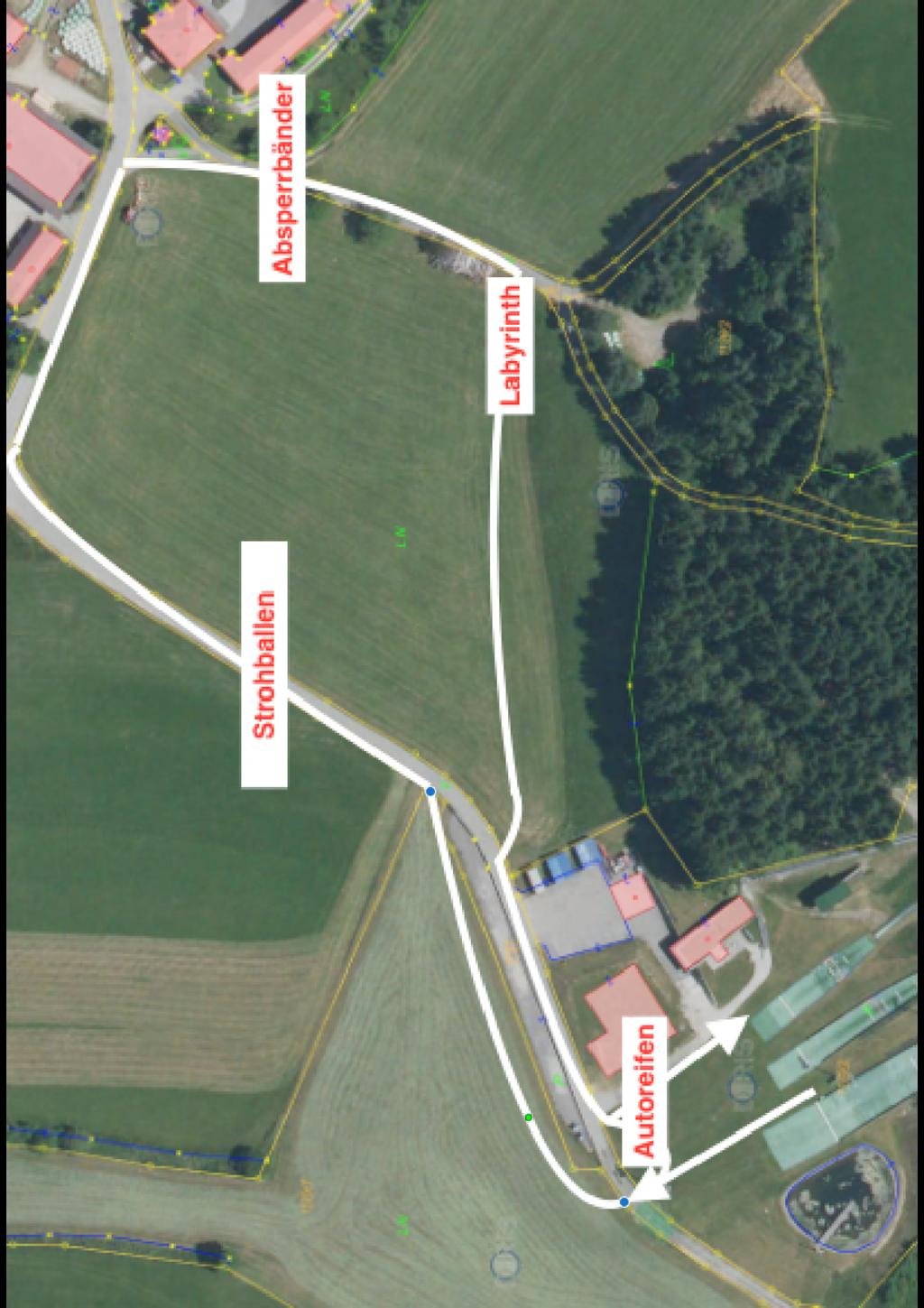 SC Höhnhart Streckenplan: Strohballen Absperrbänder Labyrinth Autoreifen 3-4 Reihen Strohballen über die ganze Laufstrecke als Hürdenlauf Absperrbänder mit unterschiedlicher Höhe Labyrinth aus