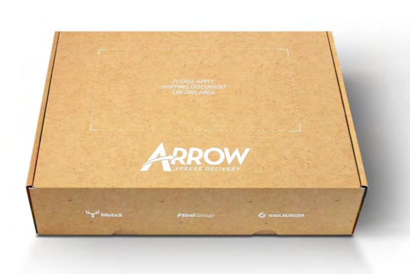 Druckjob 1 Die Arrow Box Drucktechnische Nachbildung der Braunpappe: Flächige Applikation von PANTONE 729 Feiner