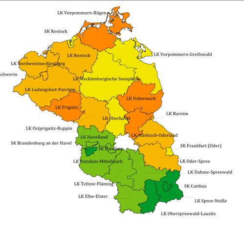 In Brandenburg ist ein ausgeprägtes Nord-Südgefälle hinsichtlich des 70+ Anteils Pflegebedürftiger erkennbar Berichtsjahr Bundesland Region 2010 2011 2012 2013 2014 BB Gesamt 20,0 20,1 20,4 21,4 21,5