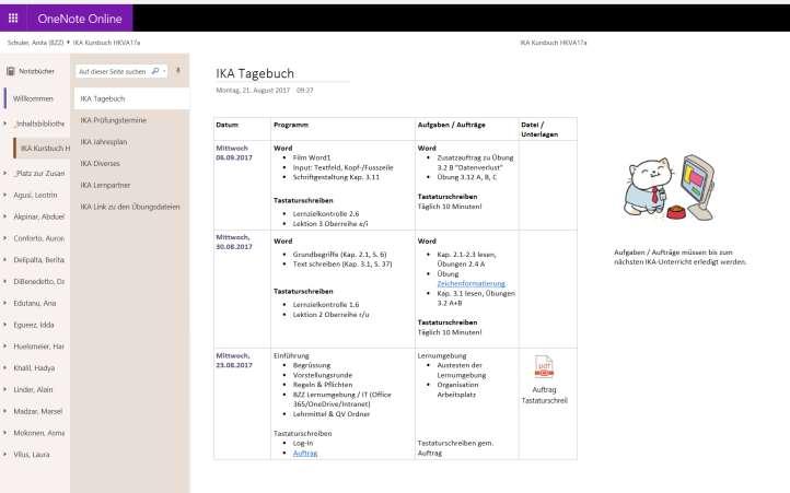 OneNote Kursnotizbuch Tagebuch für alle zugänglich (klassenweise) Vor- und Nachbearbeitung