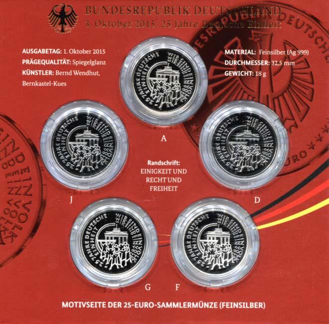 Offizieller Gedenkmünzensatz 2015 3135 595 bis 600 10 EURO 2015 SATZ 5 Stück im