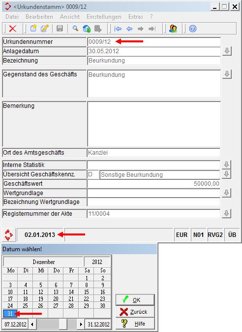 2012 Es besteht die Möglichkeit, die vorgeschlagene Nummer manuell zu ändern oder gleich vorher das Tagesdatum kurzfristig auf den Dezember des Vorjahres umzustellen, damit das Jahreskürzel des neuen