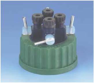 001 HPLC-Flaschenverteiler mit Hähne, D 607-08 Schraubkappe grün aus PP-Glasfaser für Gewinde GL 45, Verteilerkörper aus PP.
