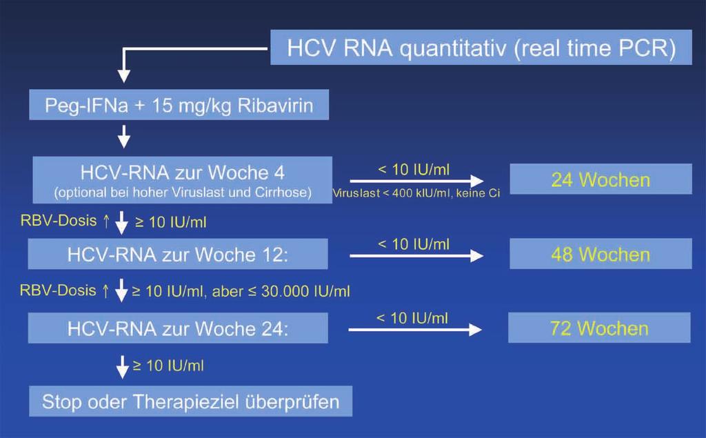 Voraussetzungen für Therapieverkürzung HCV-RNA <10 IU/ml zur Woche 4 (real-time PCR, oder TMA-Test) Niedrige Baseline Virämie (z.b. <400.000-600.000 IU/ml (optimaler cut-off?