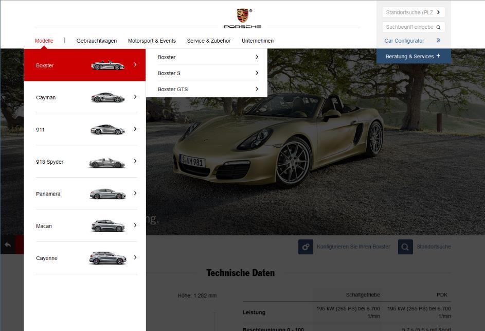 Porsche macht s vor: Übersichtlich auf der Startseite, einfache Navigation zum Content.