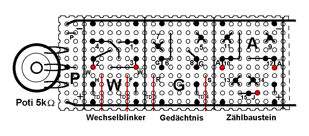 - 3-11. Der Aufbau des Wechselblinkers: Löte die Widerstände R1 und R2 (10k Ohm) an die Basisanschlüsse (Mitte) der Transistoren T1 und T2.