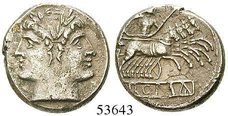 Denar 114-113 v.chr., Rom. 3,85 g. Janusförmiger Doppelkopf der Dioskuren mit Lorbeerkränzen; Mzz. A-* / C FONT ROMA Galeere l.