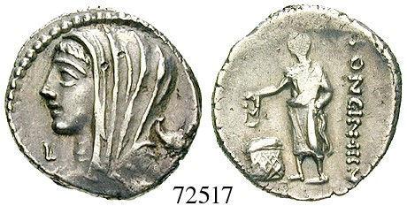 chr., Rom. 3,95 g. Behelmter Kopf der Roma r., dahinter Wertzeichen M CIPI M F / ROMA Victoria in Biga r.