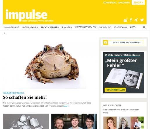 impulse Das Unternehmermagazin Factsheet impulse impulse.de impulse.de ist die Informationsplattform für Unternehmer im deutschsprachigen Netz.