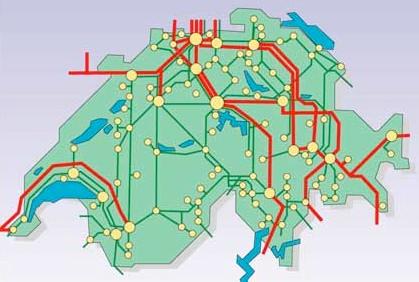 Unsere Netze: SwissGrid Die Übertragungsleitungen der Schweiz. Rot: Leitungen 380 kv, Grün: Leitungen 220 kv.