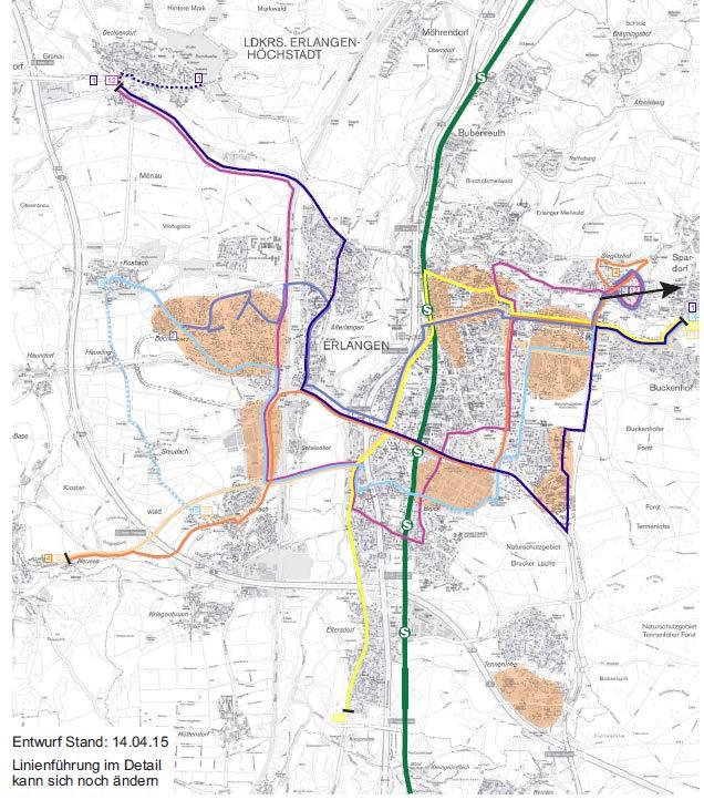 Entwurf Plannetz Erlangen Haupt- und Nebennetz mit Feinerschließung Ausschnitt 3: Linien