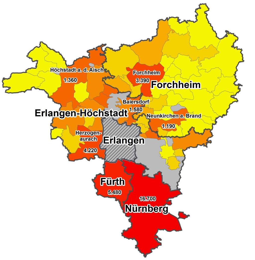 Räumliche Verteilung der Ein- und Auspendler nach/aus Erlangen Landkreis Erlangen-Höchstadt 18.300 Forchheim 11.000 Fürth 5.