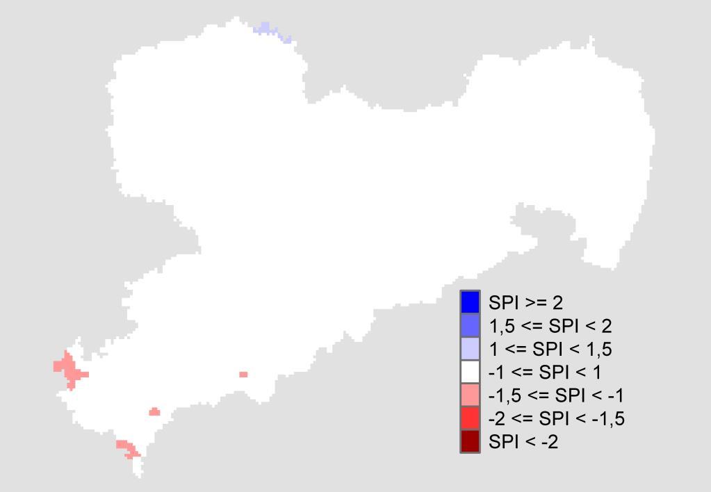 Die Auswertungen des standardisierten Niederschlagsindex für den Monat Februar (Abbildung 3) zeigen, dass Sachsen überwiegend im normalen Bereich lag und nur örtlich moderat trockene Gebiete