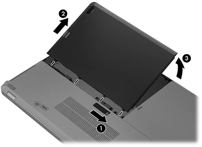 3. Schieben Sie den Akku nach außen (2) und heben Sie dann den äußeren Rand des Akkus an (3), um den Akku aus dem Computer zu entfernen.