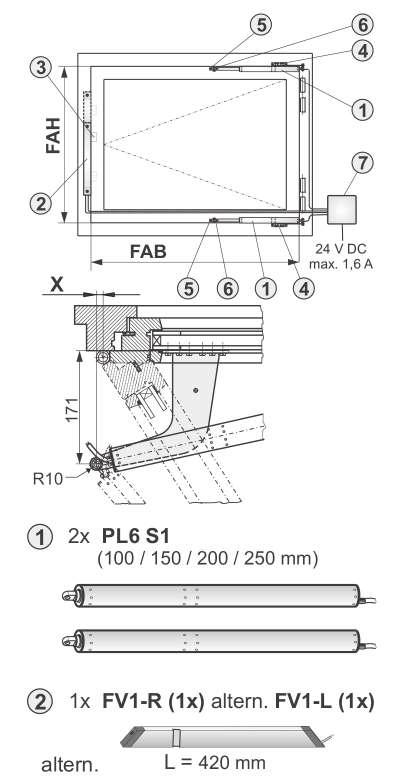 RWA1050-TE 2x PL6 S1 + FV1-R (2x) + USKM BESTELLDATEN Komponenten Art.-Nr. 2x PL6 S1 (Preise je Anrieb) PL6-100 (FAB min. 510 mm) 562010 PL6-150 (FAB min. 600 mm) 562015 PL6-200 (FAB min.