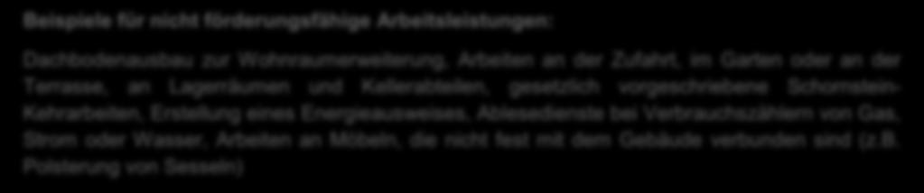 (planende und beratende Ingenieure) Beispiele für förderungsfähige Arbeitsleistungen: Erneuerung von Wandanstrich und Tapeten, Austausch von Bodenbelägen, Schleifarbeiten an Böden, Erneuerung/Dämmung