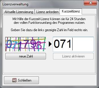 Um eine Kurzeitlizenz (24h) zu aktiviert wählen Sie bitte die Registerkarte Kurzzeitlizenz aus. Danach geben Sie bitte die Zahlenreihe aus dem linken Fenster in das rechte Fenster ein.