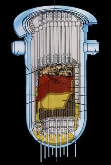 Geschmolzener Reaktorkern beim TMI-Unfall 1. 2B-Anschluss 2. 1A-Anschluss 3. Hohlraum 4.