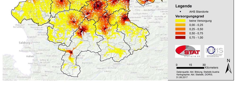 Gelbe Flächen zeigen, dass hier kein AHS Schulstandort innerhalb der vorgegebenen Zeit von 15 Minuten erreichbar ist. Rot steht hingegen für eine ausgezeichnete Versorgung.